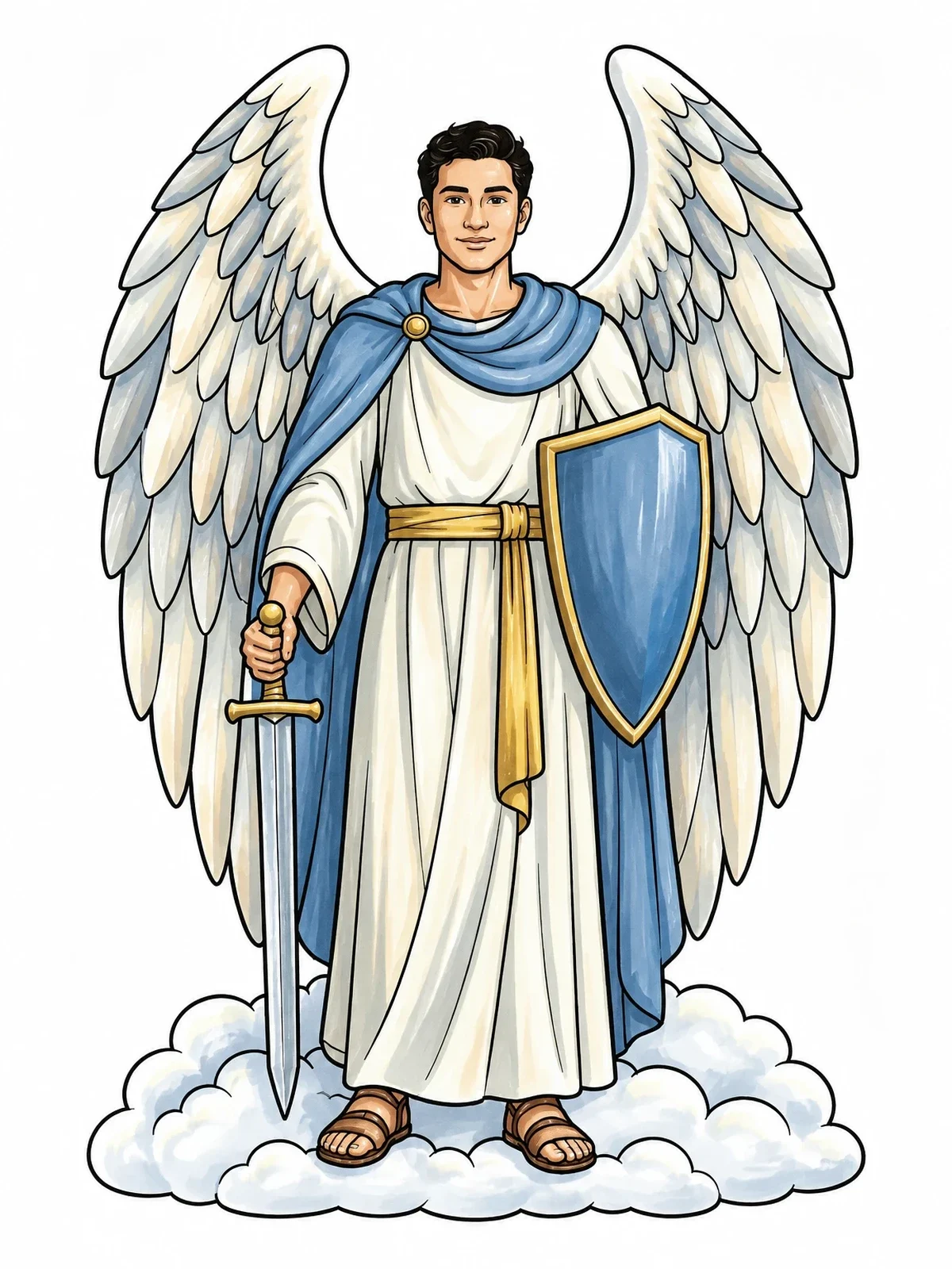 Colored example of the Guardian Angel With Sword And Shield coloring page