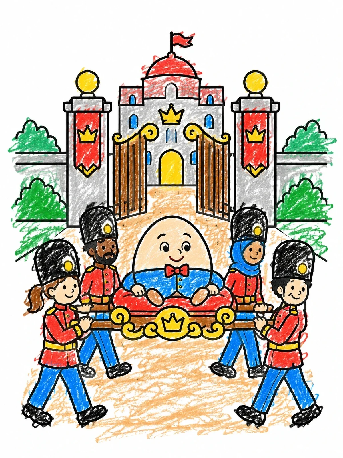 Colored example of the Guards Carrying Humpty Dumpty coloring page