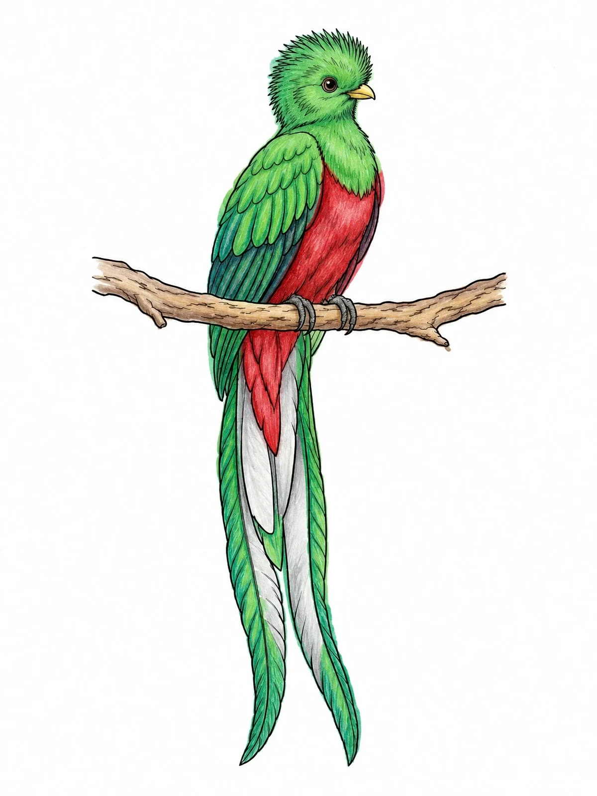 Colored example of the Resplendent Quetzal Perched On Branch coloring page
