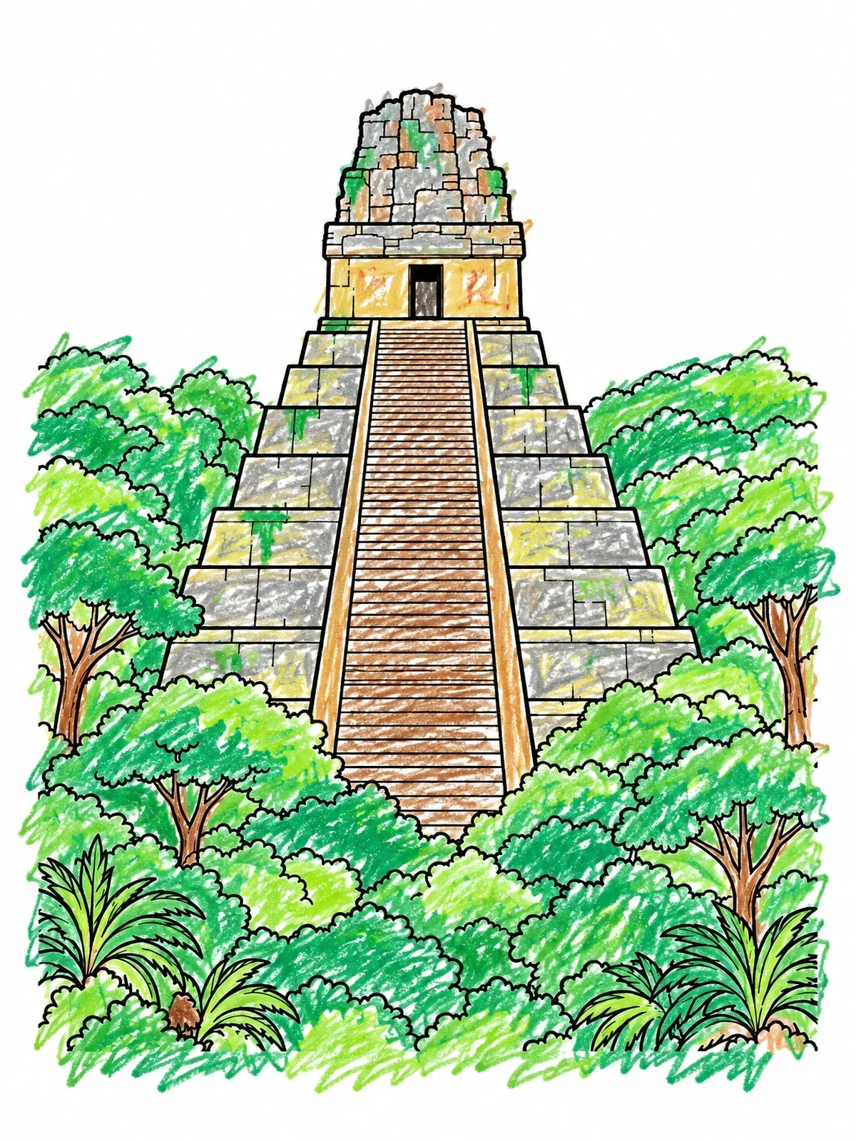 Colored example of the Tikal Mayan Temple In Rainforest coloring page