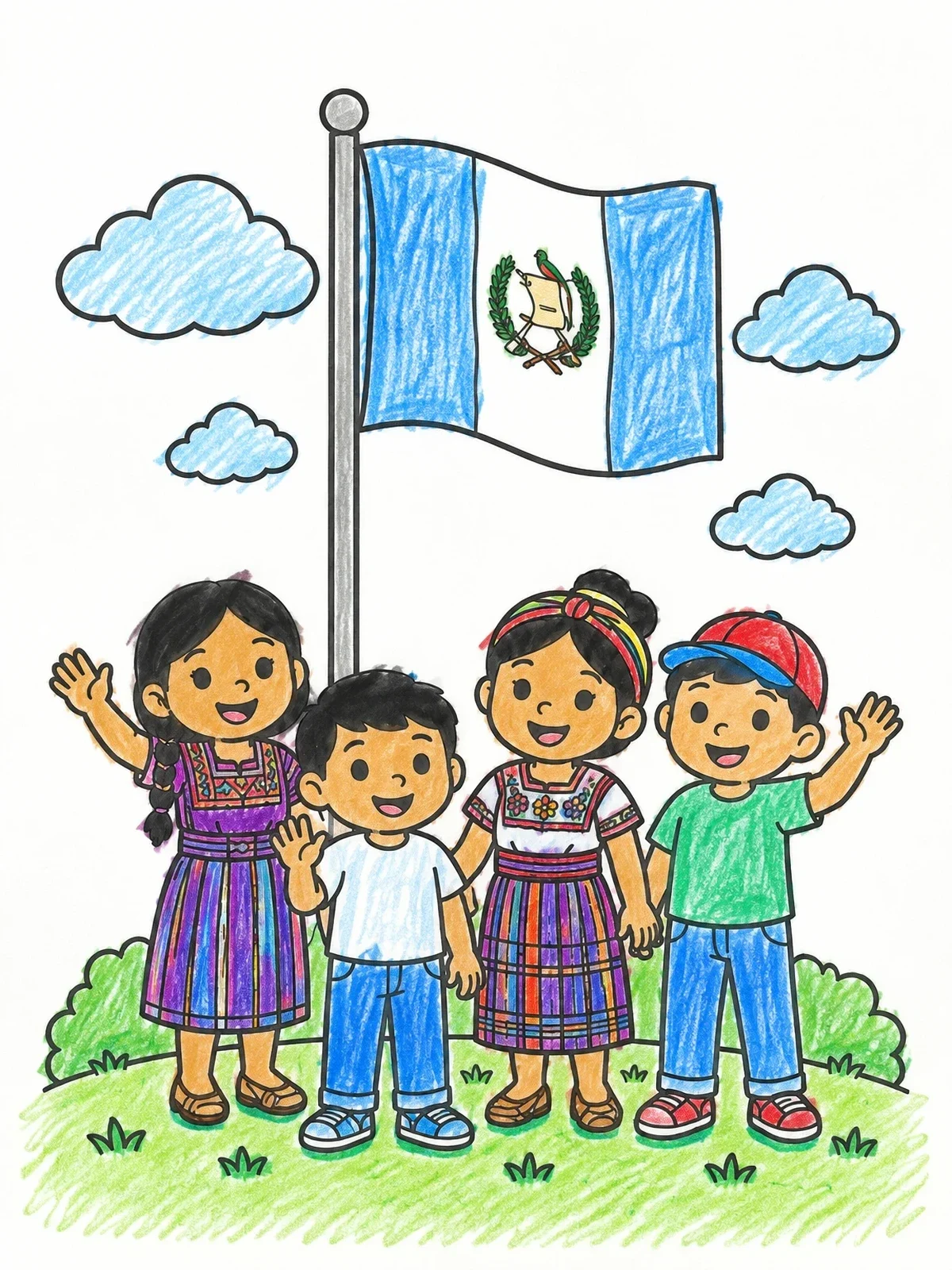 Colored example of the Guatemalan Children With Flag coloring page