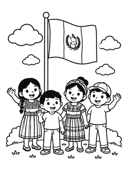 Free printable Guatemalan Children With Flag coloring page