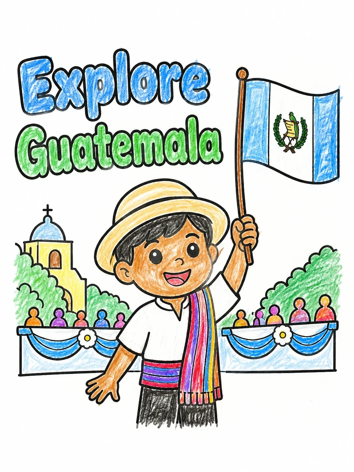 Colored example of the Boy Celebrating Guatemala Parade coloring page