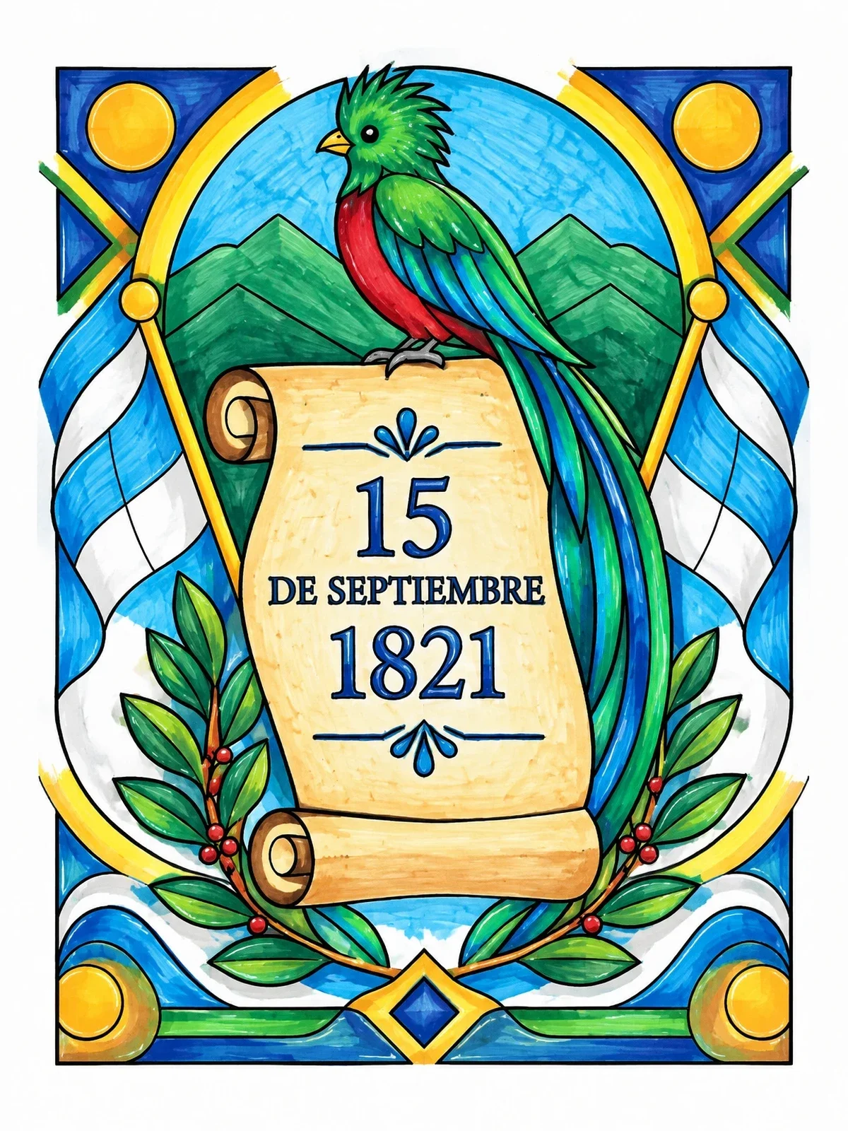 Colored example of the Guatemalan Independence Scroll And Quetzal coloring page