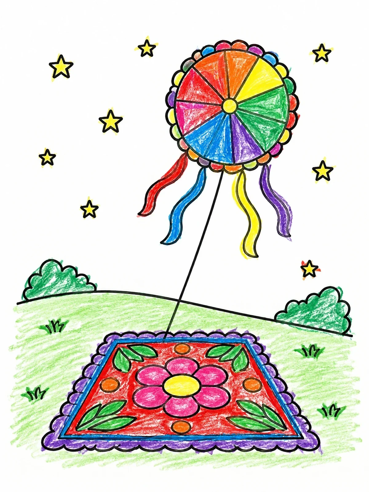 Colored example of the Guatemalan Giant Kite And Alfombra coloring page
