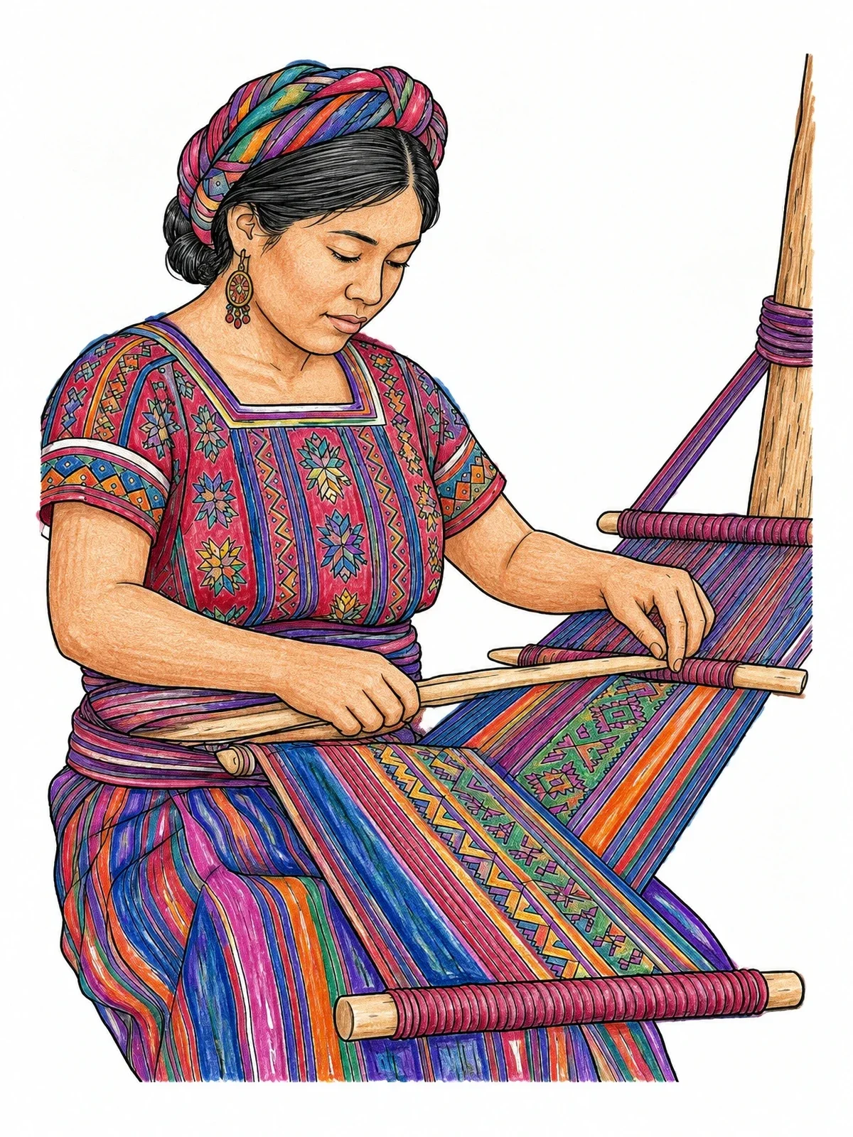 Colored example of the Guatemalan Weaver At Backstrap Loom coloring page