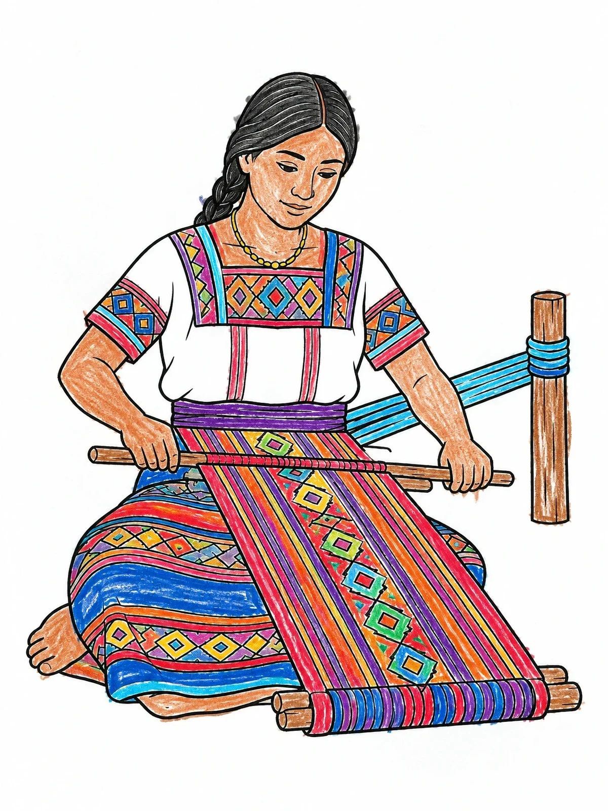 Colored example of the Guatemalan Woman Weaving On Loom coloring page