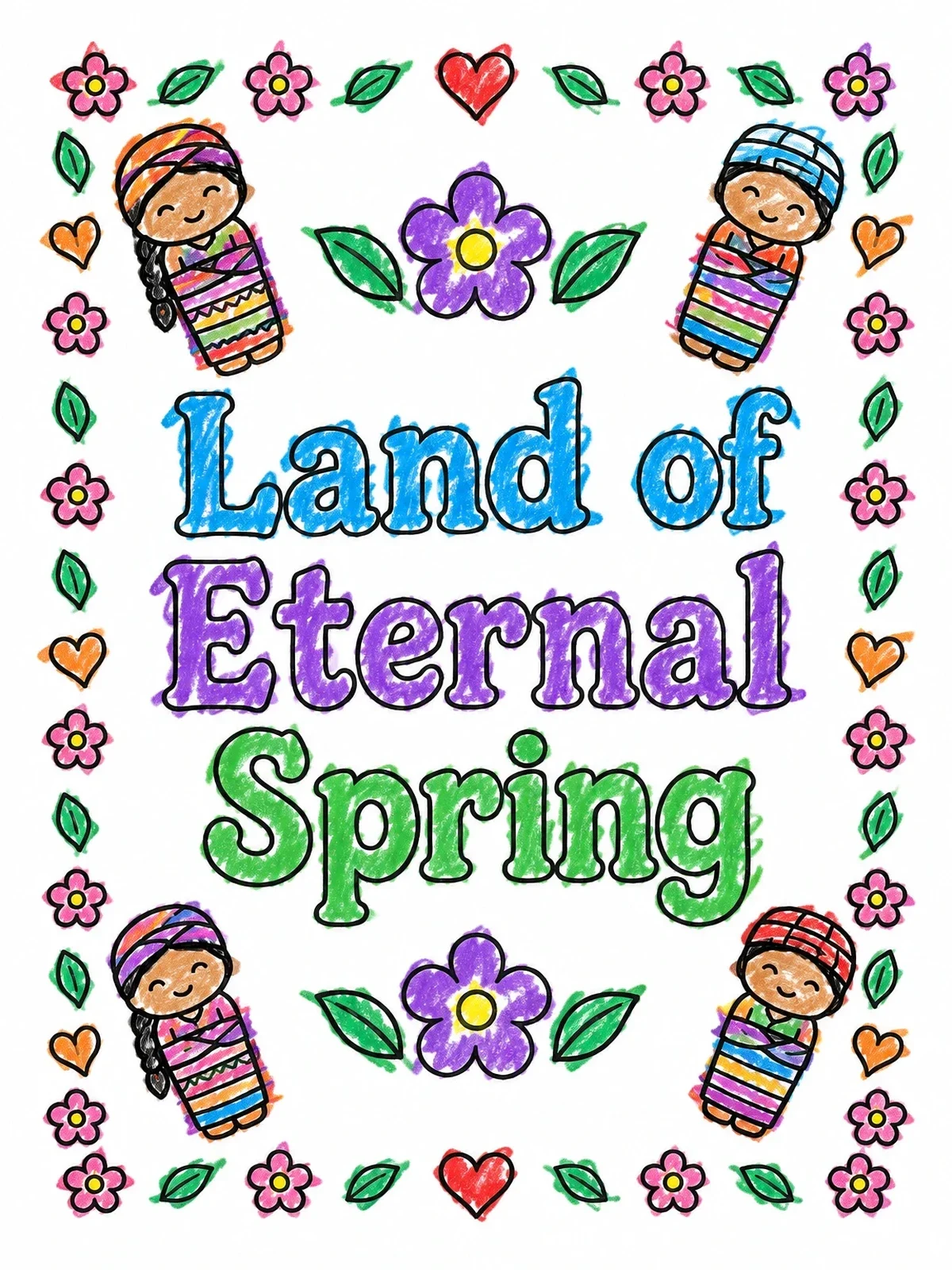 Colored example of the Guatemalan Worry Dolls And Spring Flowers coloring page