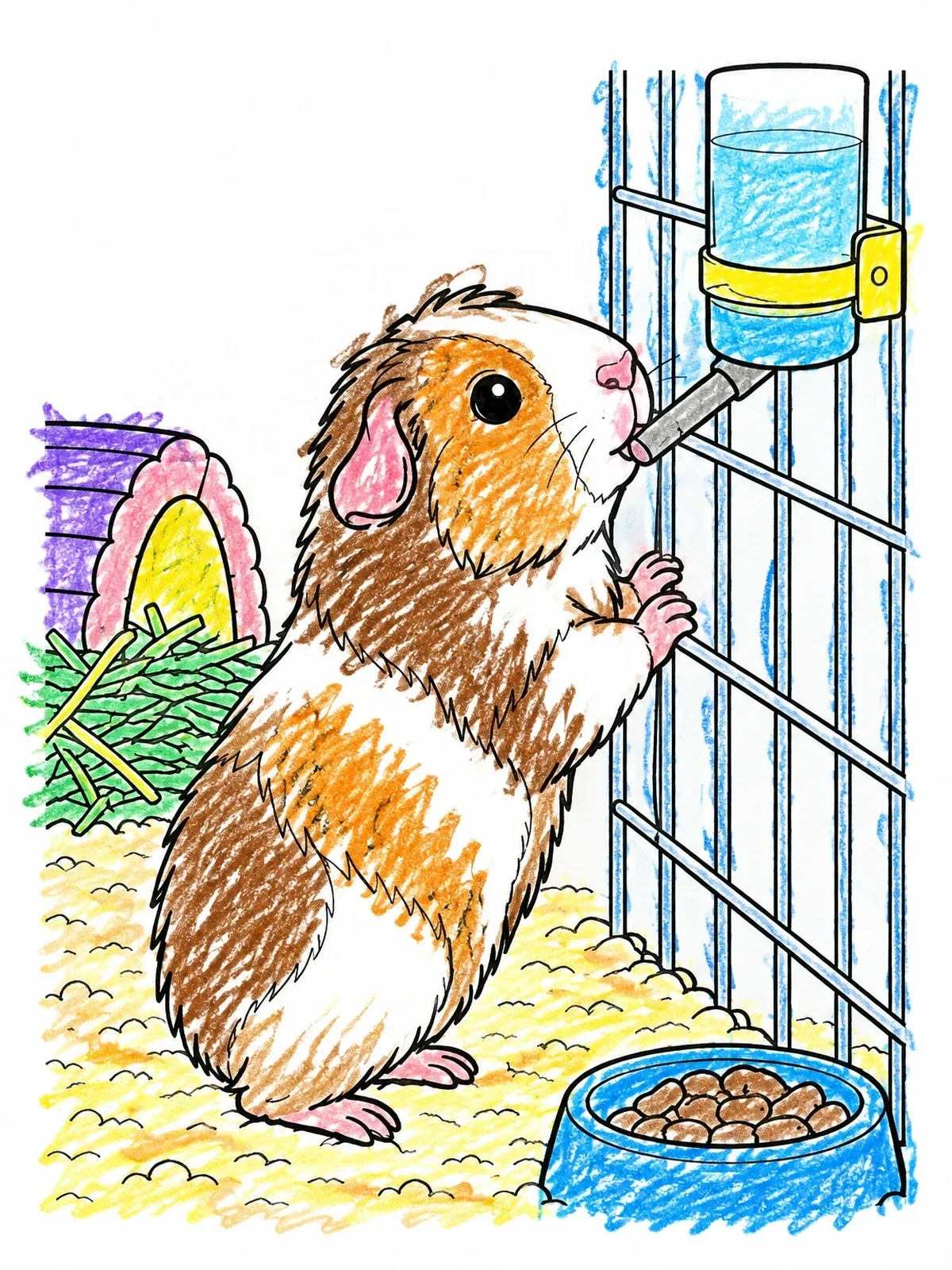Colored example of the Guinea Pig Drinking Water coloring page