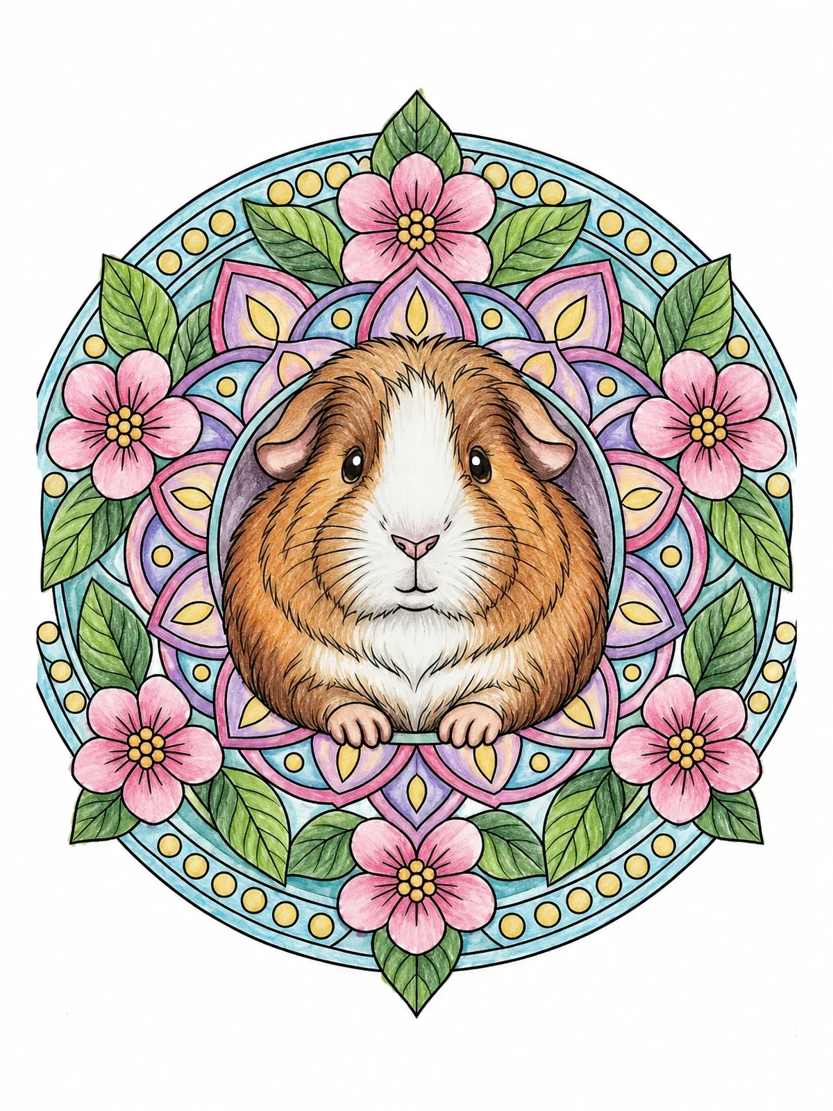 Colored example of the Guinea Pig In Floral Mandala coloring page
