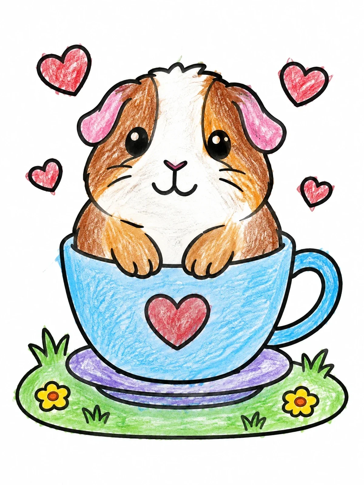 Colored example of the Cute Guinea Pig In A Teacup coloring page