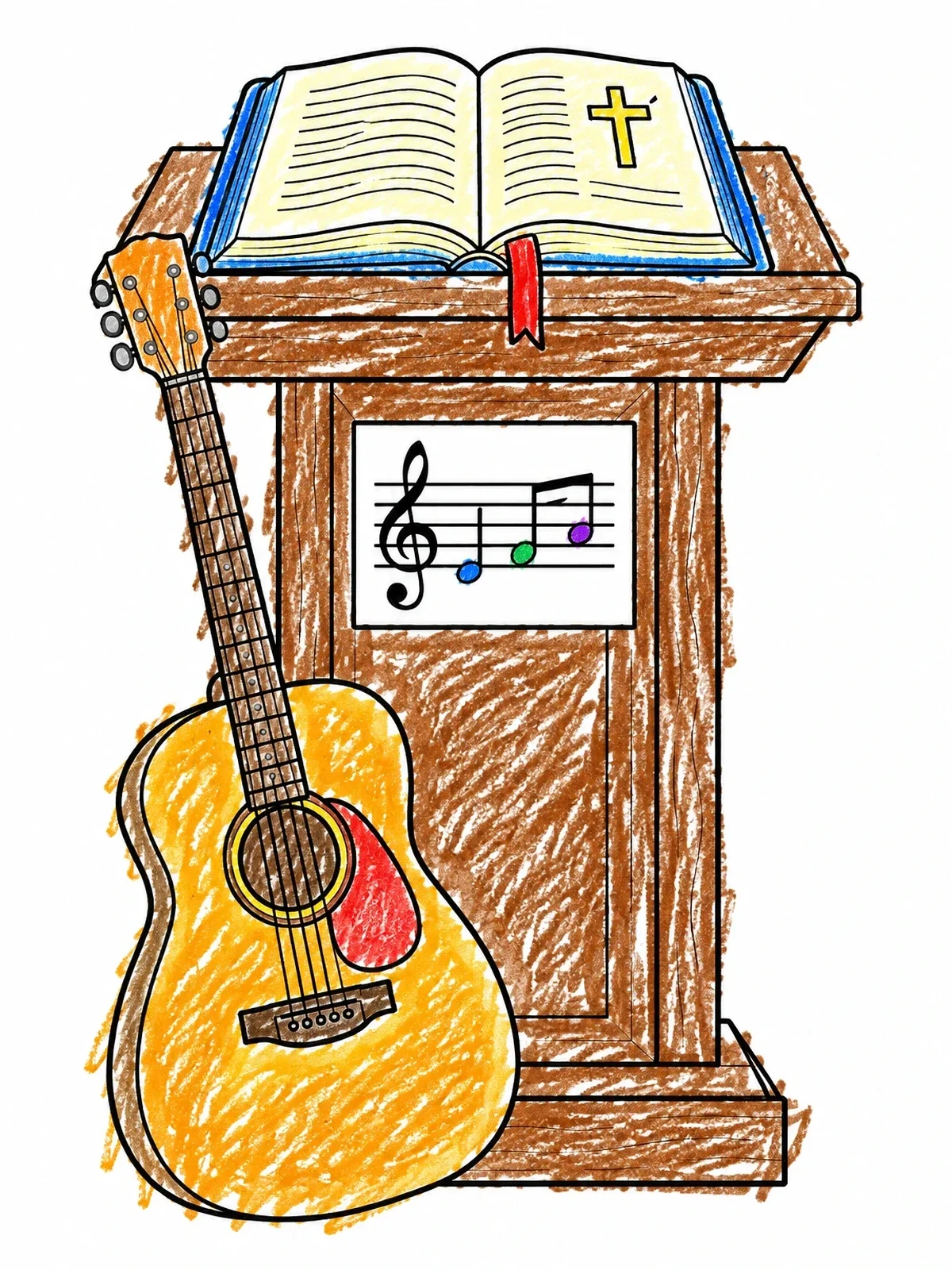 Colored example of the Guitar And Bible On Lectern coloring page
