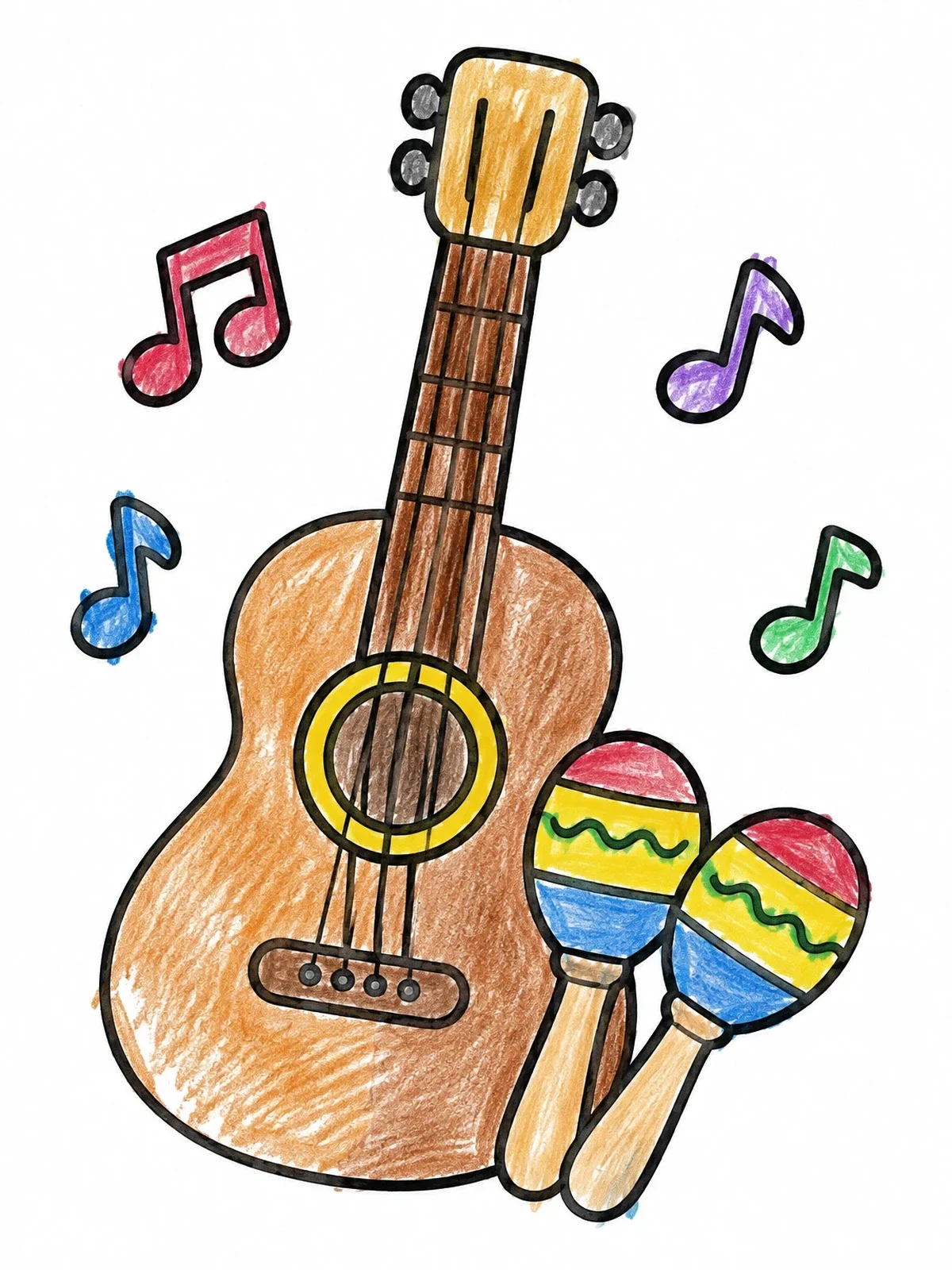 Colored example of the Guitar And Maracas With Music Notes coloring page