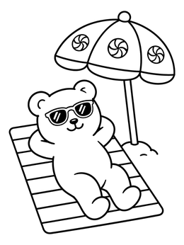 A cute gummy bear coloring page relaxing under an umbrella on a towel.