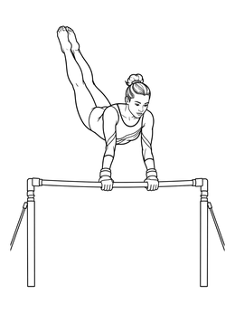 A gymnast balances dynamically on the uneven bar in this gymnastics coloring page.