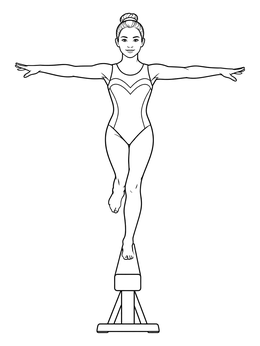 A gymnast balancing carefully on a balance beam in this gymnastics coloring page.