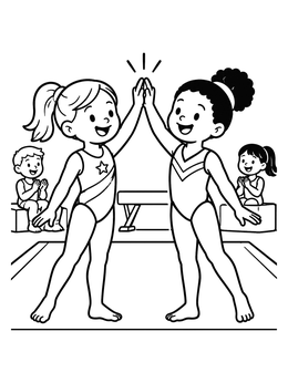 A cheerful gymnastics coloring page featuring two young gymnasts giving a high five in the gym.