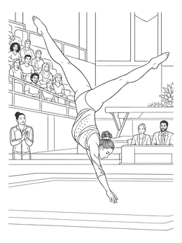 A skilled athlete mid-air in this gymnastics coloring page featuring spectators and judges in an arena.