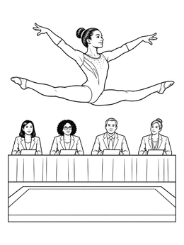 A gymnast performs a mid-air split leap before a judging panel in this gymnastics coloring page.