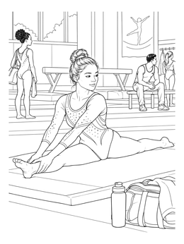 A gymnast stretching in full splits on a mat features in this gymnastics coloring page.