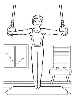 A young athlete poses in an iron cross on this gymnastics coloring page.