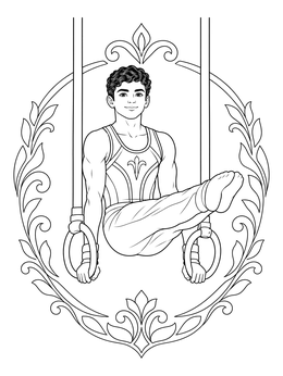 A male gymnast performs an L-sit on rings in this gymnastics coloring page.