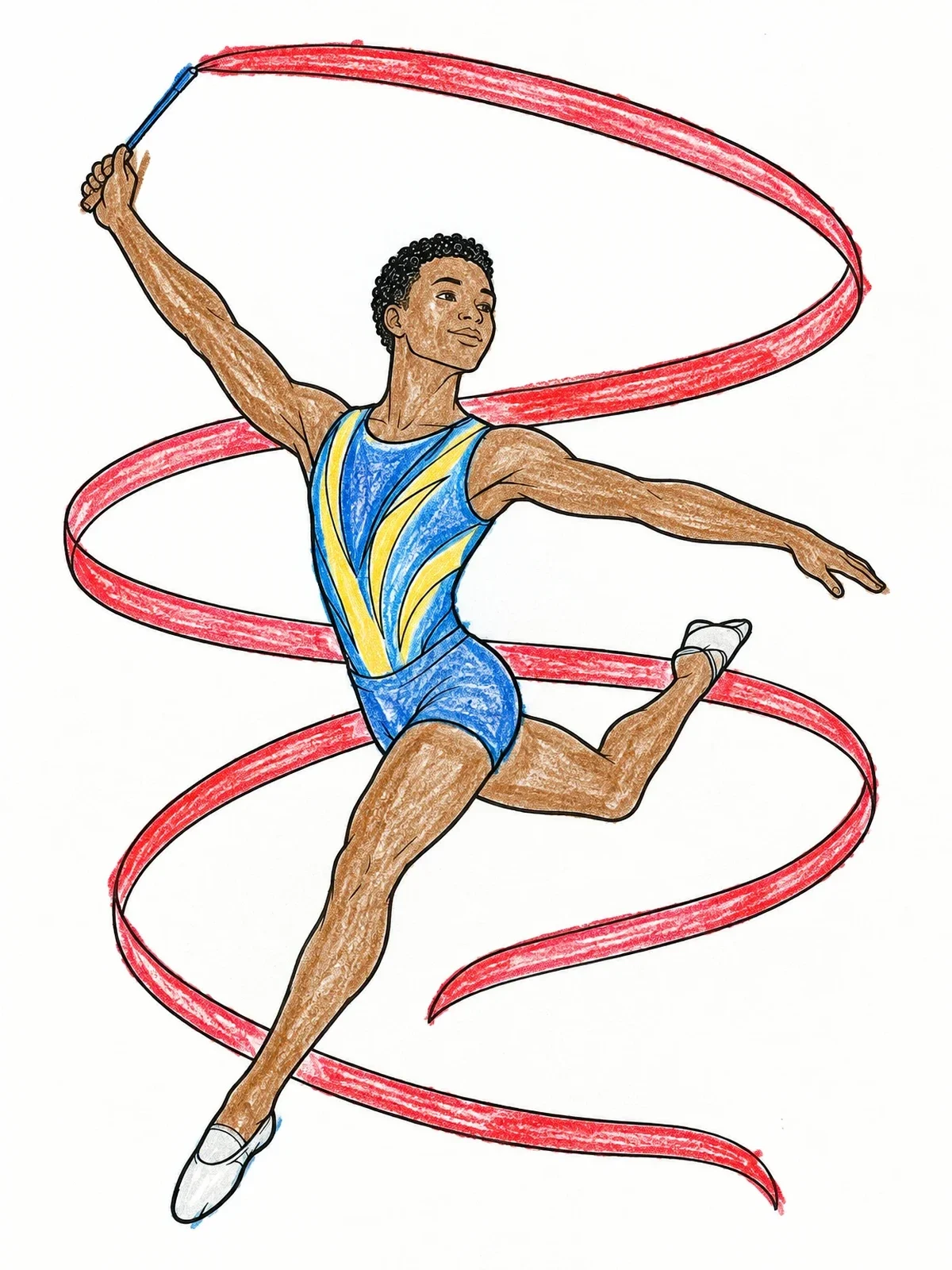 Colored example of the Male Gymnast With Swirling Ribbon coloring page
