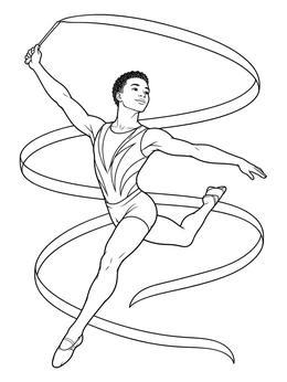 A male rhythmic gymnast leaps mid-air in this gymnastics coloring page.