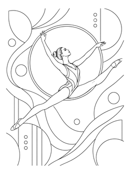 A rhythmic gymnast leaping through a hoop in this gymnastics coloring page.