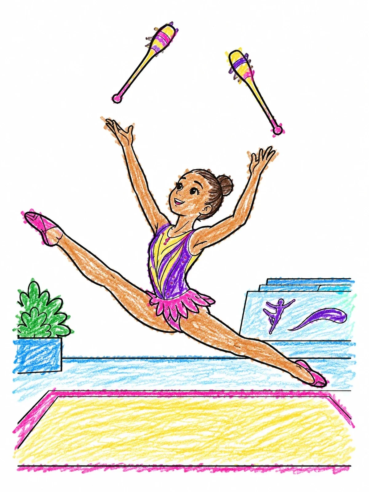 Colored example of the Rhythmic Gymnast Leaping With Clubs coloring page