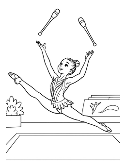 A rhythmic gymnast leaping mid-air in this gymnastics coloring page.