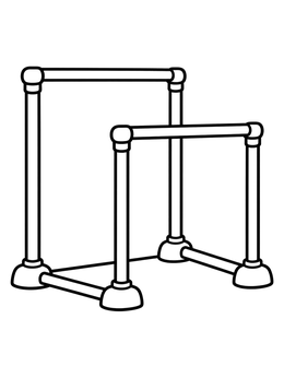 A simple gymnastics coloring page showing uneven bars set at different heights.