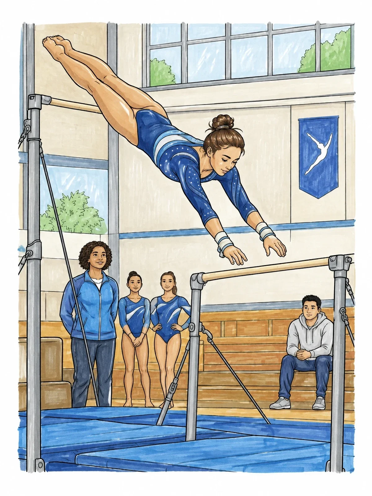 Colored example of the Uneven Bars Transition Flight coloring page