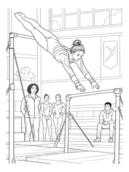 A female gymnast leaps between rails in this gymnastics coloring page.