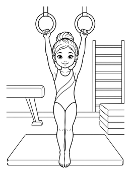 A smiling young gymnast holding rings in a gym on this gymnastics coloring page.