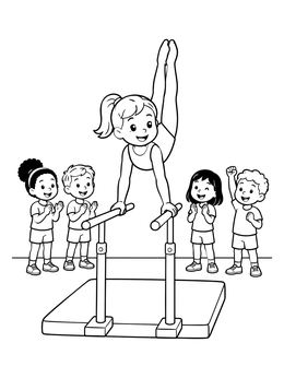 A cheerful girl performs a handstand in this gymnastics coloring page as friends cheer.