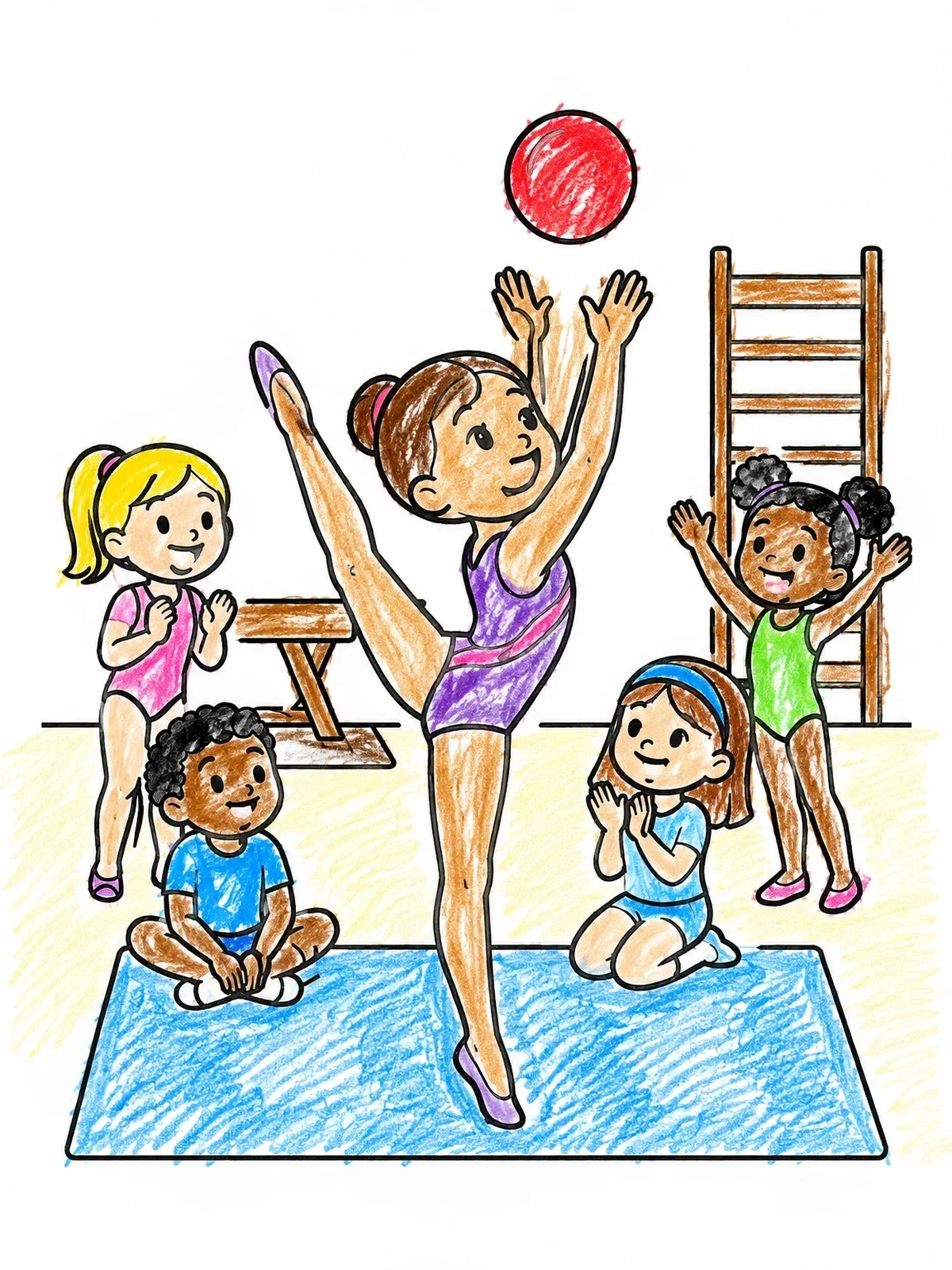 Colored example of the Young Gymnast Tossing Ball With Friends coloring page