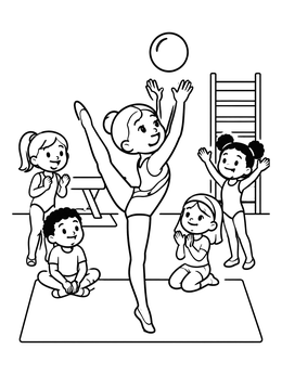 A cheerful girl catches a ball in this gymnastics coloring page with cheering kids.