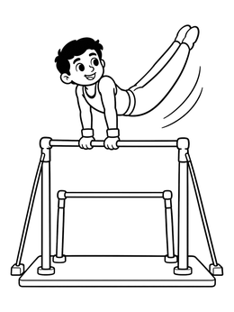 A happy young gymnast practices a swing on uneven bars in this gymnastics coloring page.