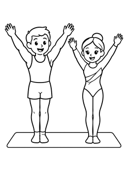 A cheerful boy and girl salute on a gymnastics coloring page.