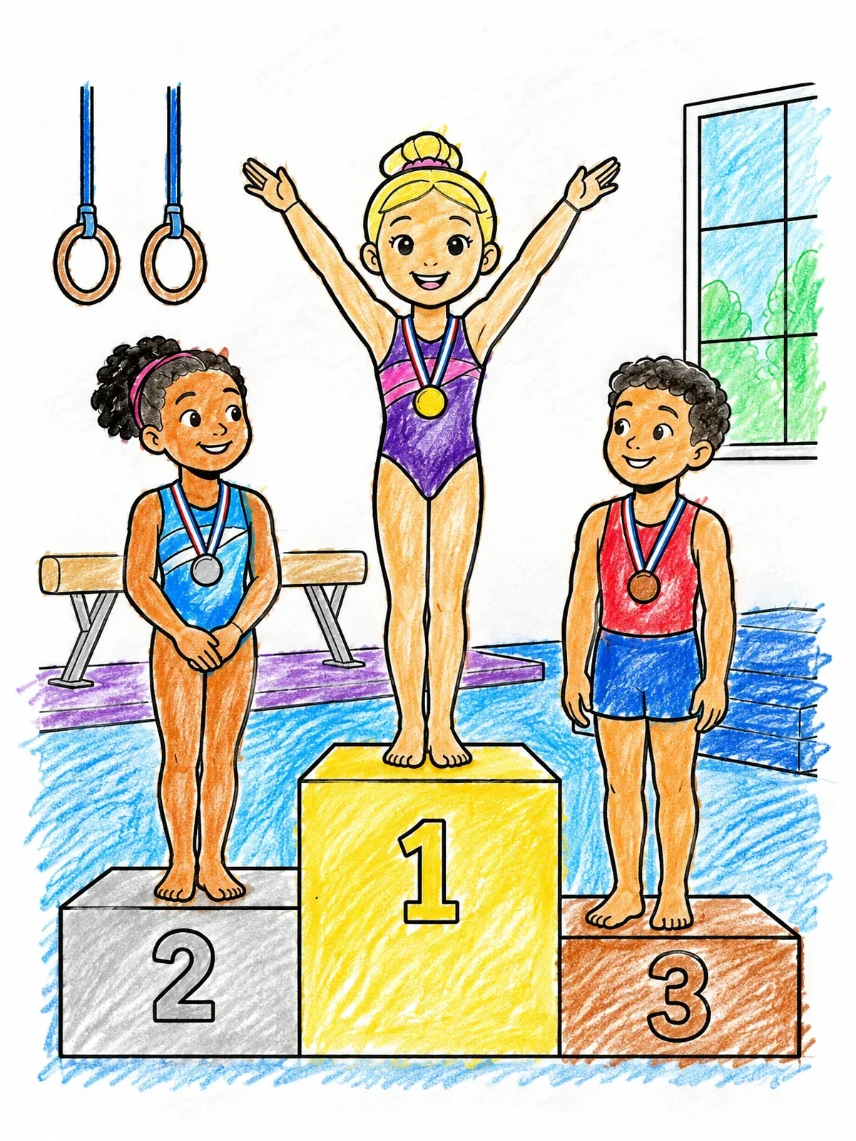 Colored example of the Young Gymnasts On The Winners Podium coloring page
