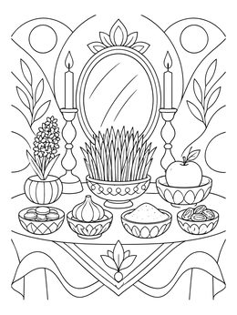 An ornate Haft-Seen table display in this Nowruz coloring page.