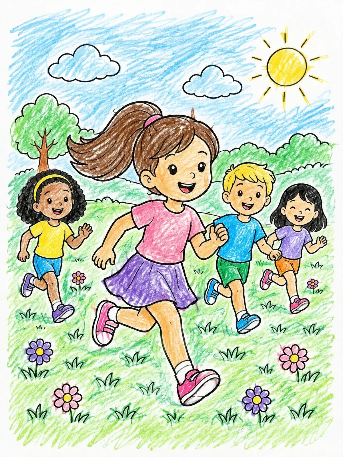 Colored example of the Cheerful Girl Running With Ponytail coloring page