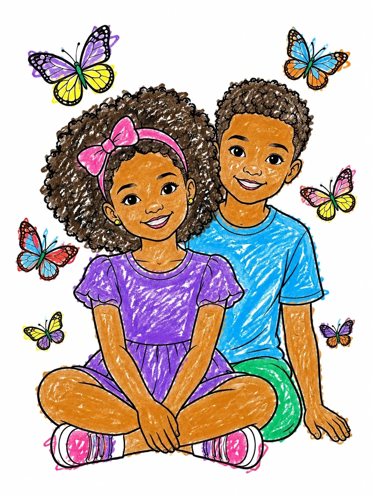 Colored example of the Children With Natural Curls And Butterflies coloring page