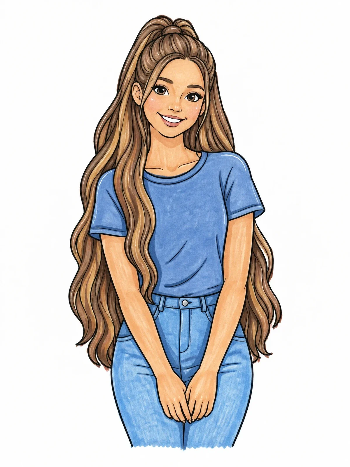 Colored example of the Smiling Girl With Long Half Up Ponytail coloring page