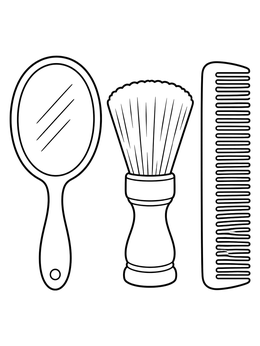 A handheld mirror, shaving brush, and comb in a neat hair salon coloring page.
