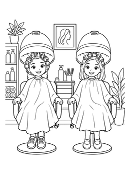 Two girls with curlers sit under retro hood dryers in this hair salon coloring page.