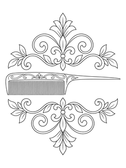 An ornate parting comb surrounded by decorative scrollwork in this hair salon coloring page.