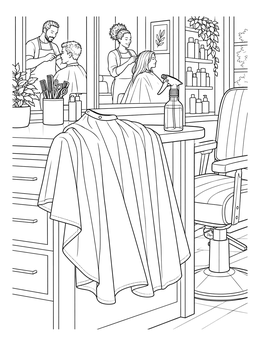 A detailed hair salon coloring page featuring a styling cape draped over a counter and mirrors in the background.