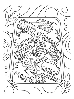 A hair salon coloring page featuring a tray filled with curlers, hair clips, and bobby pins.